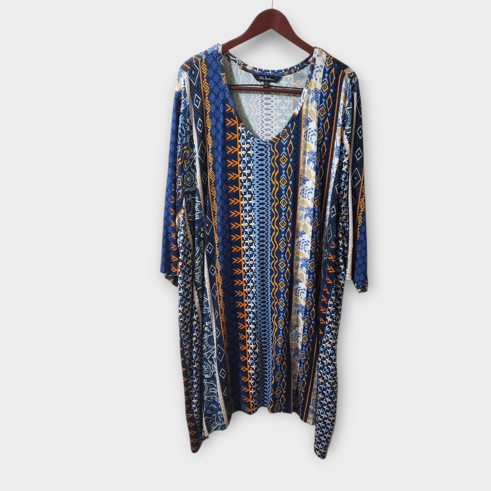 Ulla Popken Blue Ethnic Mixed Print Boho Asymmetric Tunic Top 3/4 Sleeve 32/34